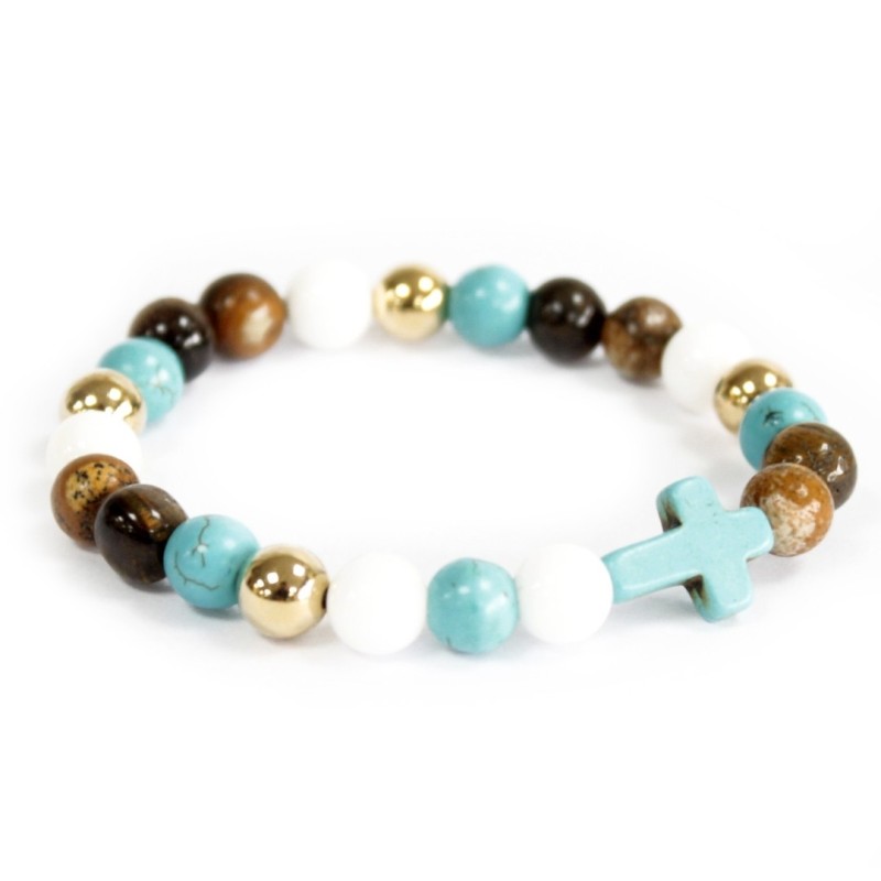 Pulsera de piedras preciosas - Turquoise Cross / Perlas reales