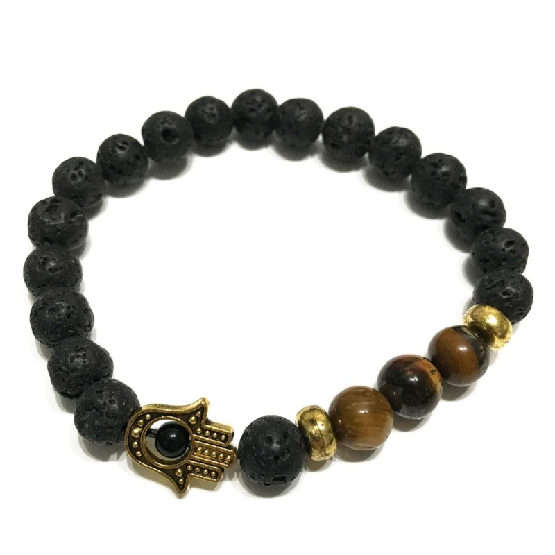 Pulsera de piedras preciosas + Ojo de tigre / Hamsa de oro & Piedra de lava